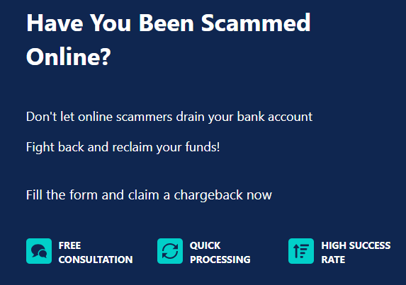 Bannière indiquant 'Avez-vous été arnaqué en ligne ?' offrant une consultation gratuite, un traitement rapide et une récupération des fonds réussie