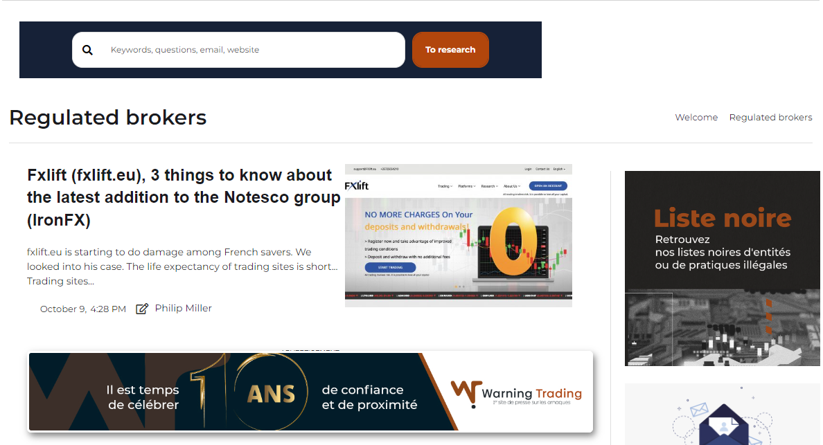 "Screenshot of a website section about regulated brokers, featuring an article on Fxlift and a warning trading banner."