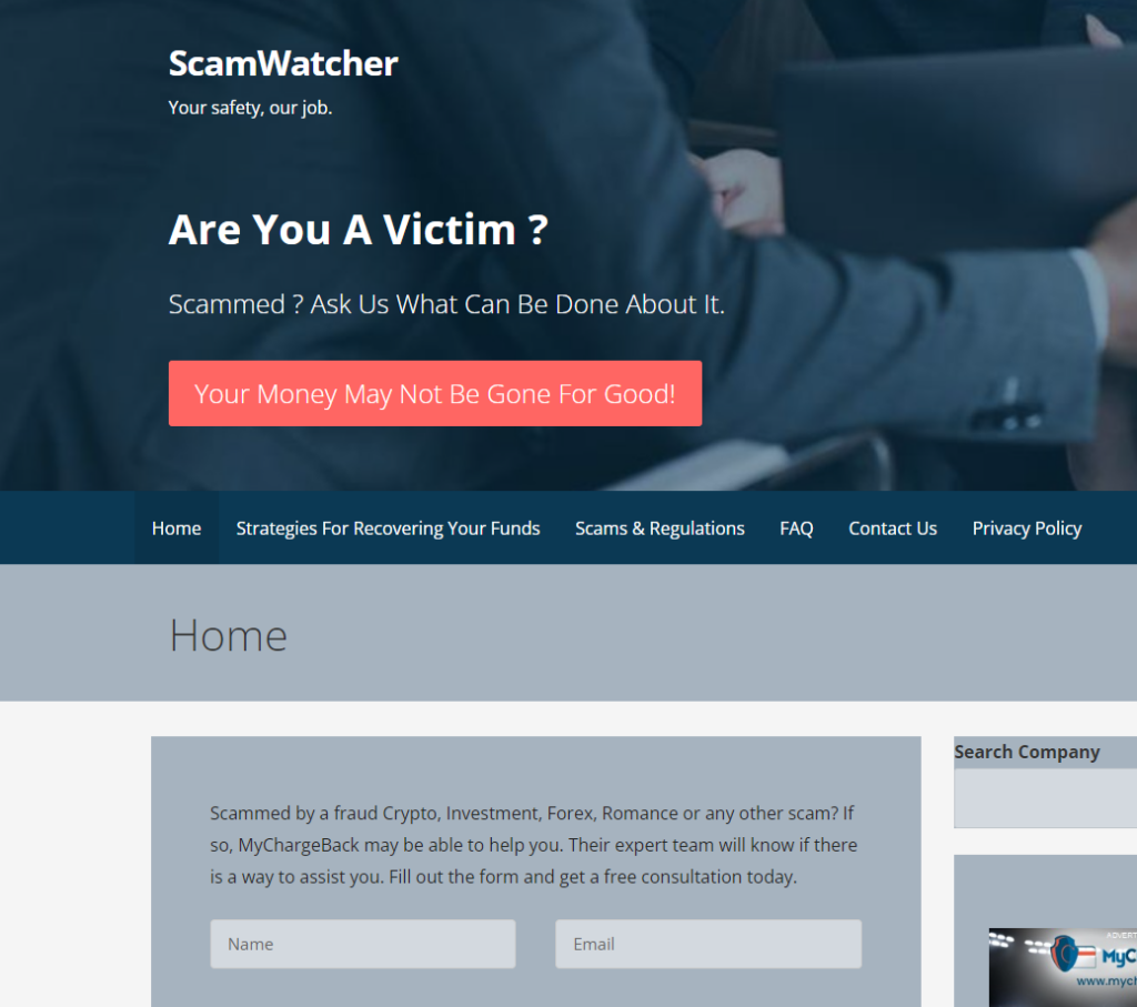 Screenshot of ScamWatcher's chaotic website layout