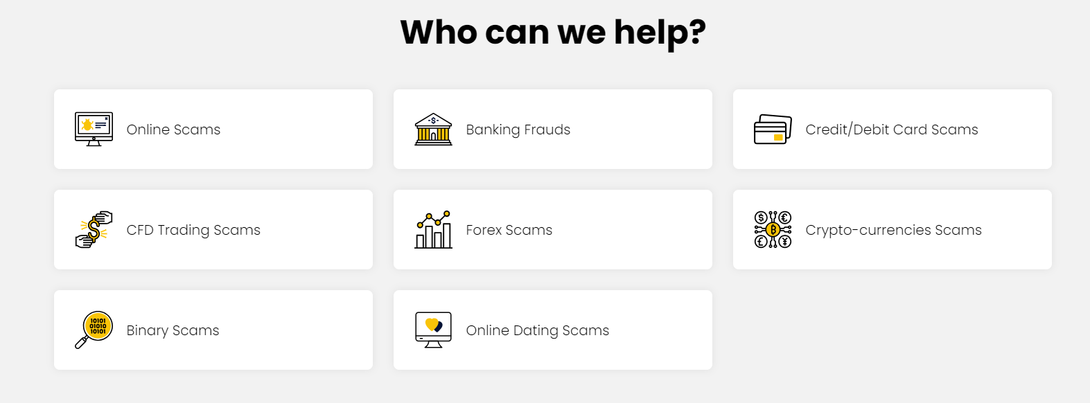 ”Assistance-Refund offers Online Scams, Credit/Debit Card Scams, CFD Trading Scams, Forex Scams, and Crypto Scams”.