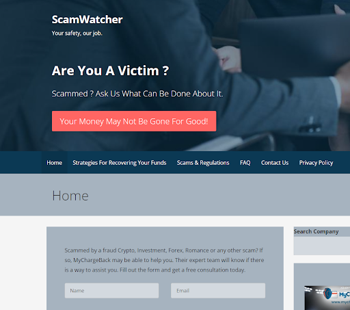 Capture d'écran de la mise en page chaotique du site web de ScamWatcher, soulignant une navigation médiocre et des éléments de design non professionnels