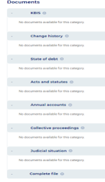 Screenshot showing missing legal documents for Ziegler Associes, including KBIS, change history, and annual accounts