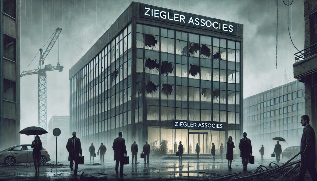 Office building with broken windows, a sign reading Ziegler Associes, and distressed employees standing outside in the rain